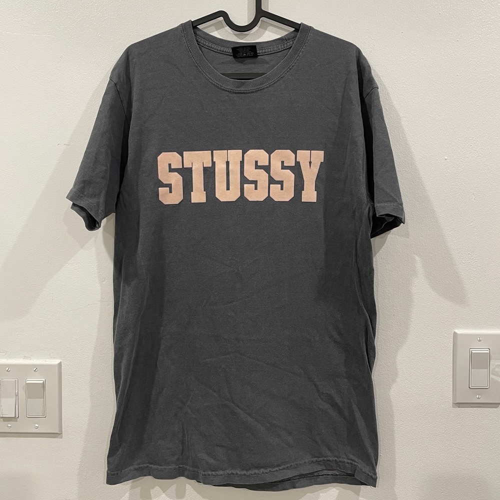Washed grey Stussy shirt with pink velvet logo
